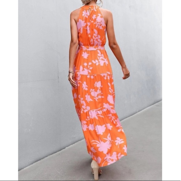 Boho pink floral print belted halter maxi dress - Picture 6 of 12
